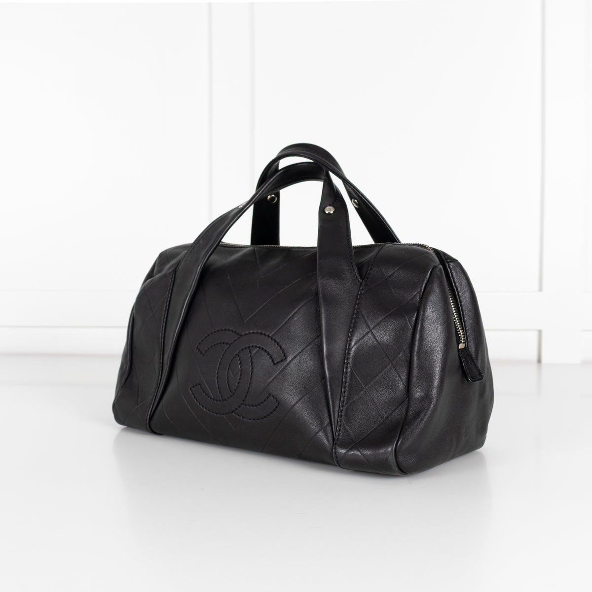 Chanel Black CC Chevron Quilted Lambskin Boston Bag