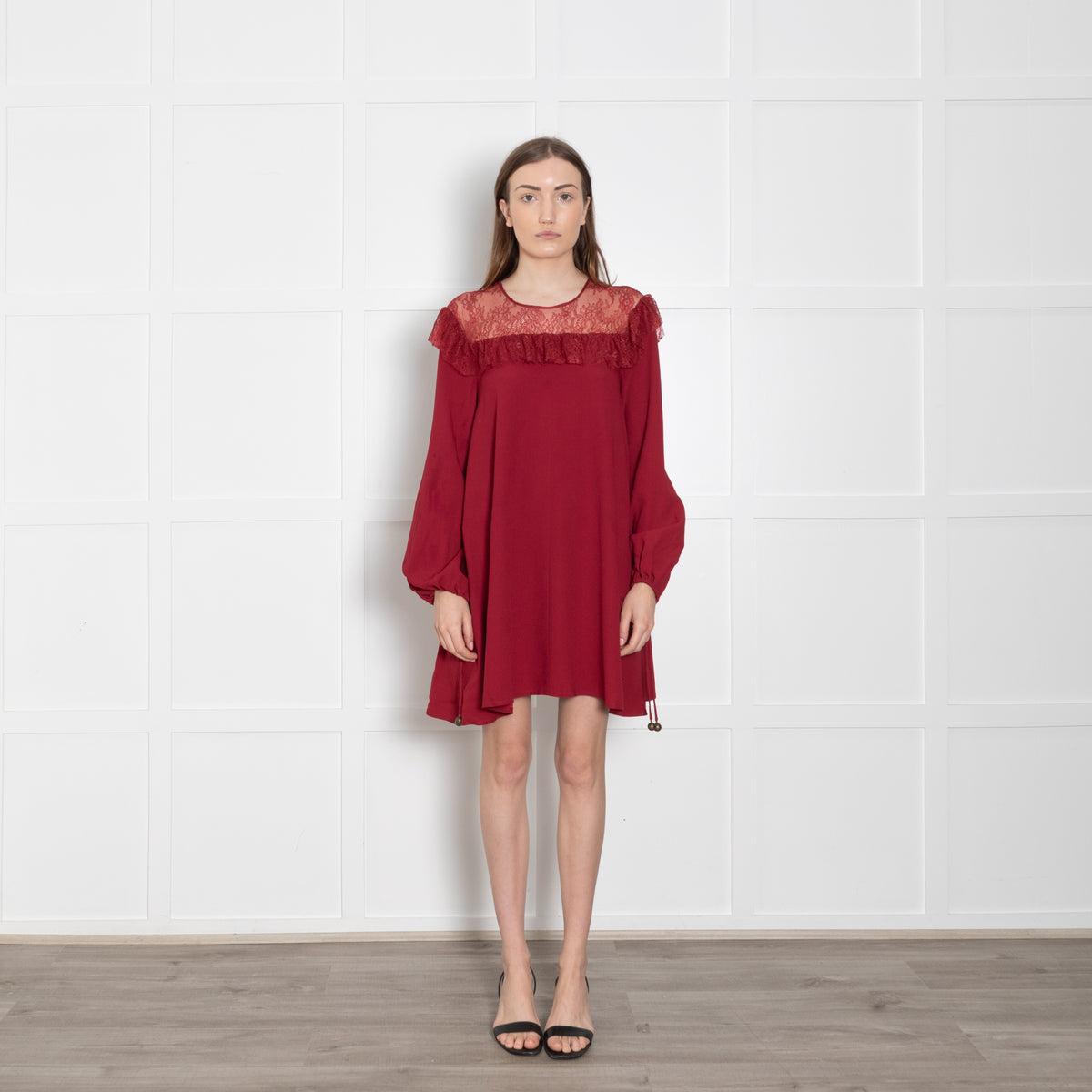 Philosophy Di Lorenzo Serafini Red Lace Trim Short Long Sleeve Dress