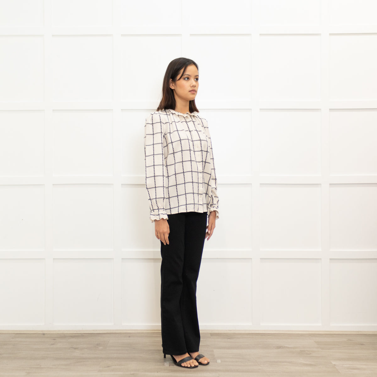 ba&sh Black & Cream Checked Cotton Blouse With Frill Cuffs & Collar