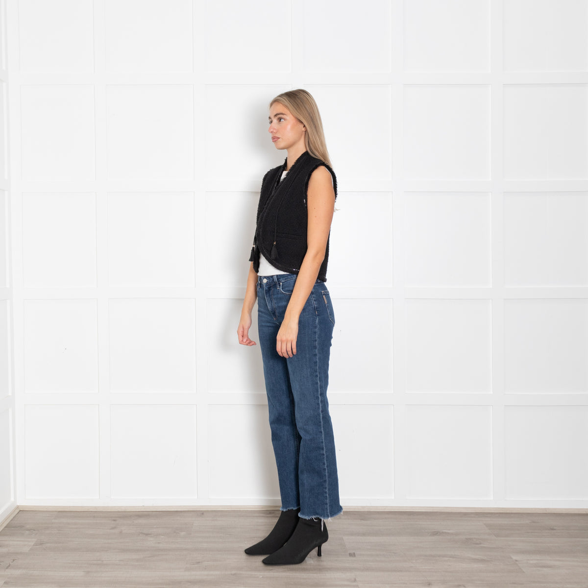Maje Black Tweed Fringed Edge Waistcoat