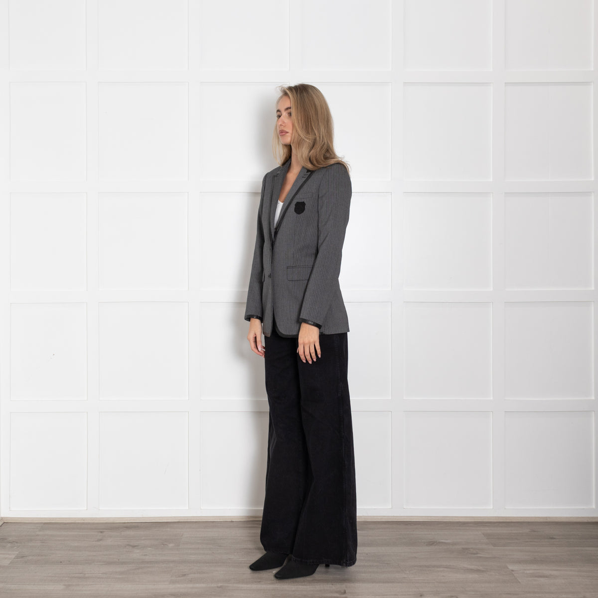 The Kooples Grey & Black Pinstripe Jacket With Leather Trim