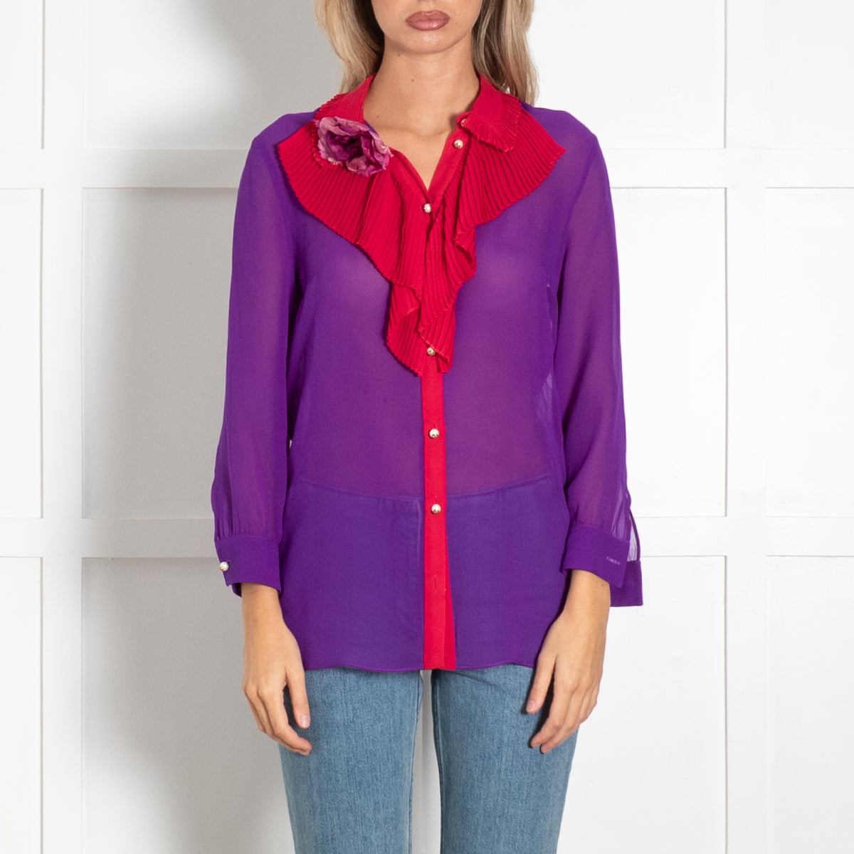 Gucci Purple Pink Ruffle Front Pearl Button Shirt Flower Brooch