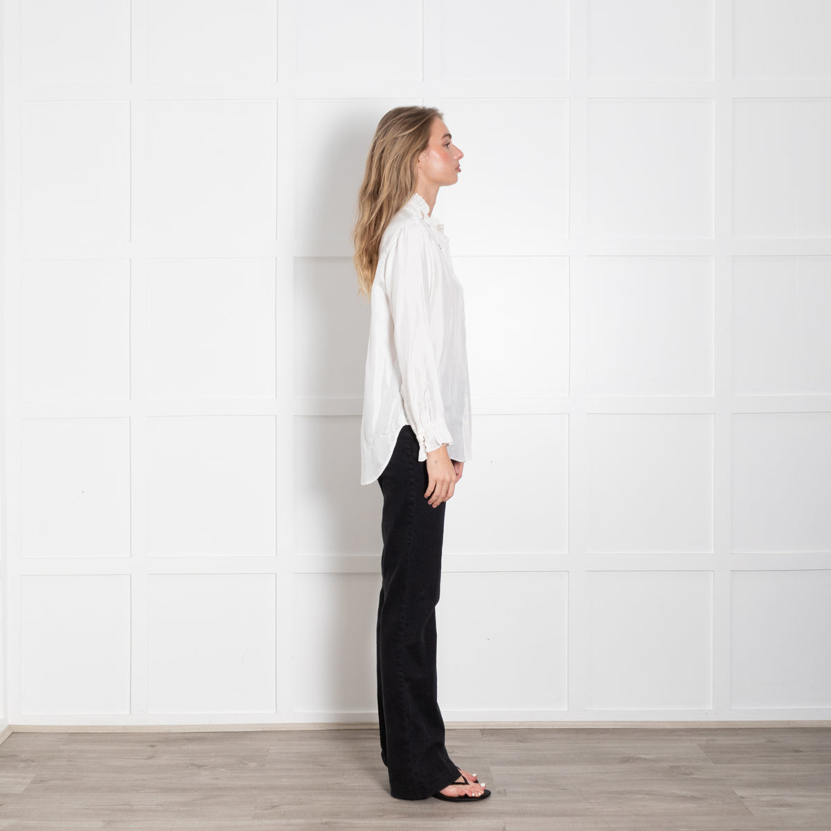 Sandro White High Frill Neck Top