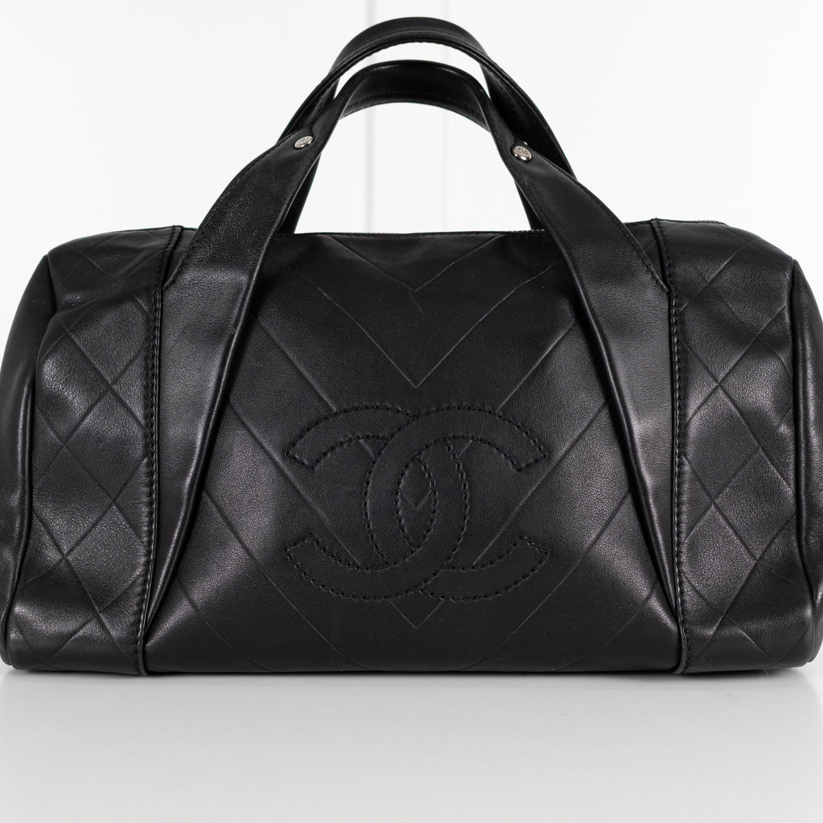Chanel Black CC Chevron Quilted Lambskin Boston Bag