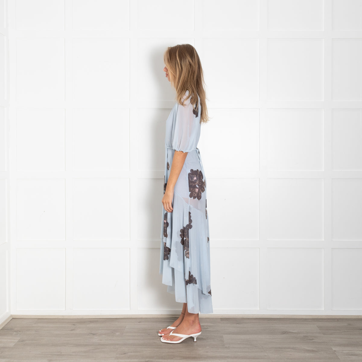 Ganni Pale Blue Brown Floral Wrap Dress