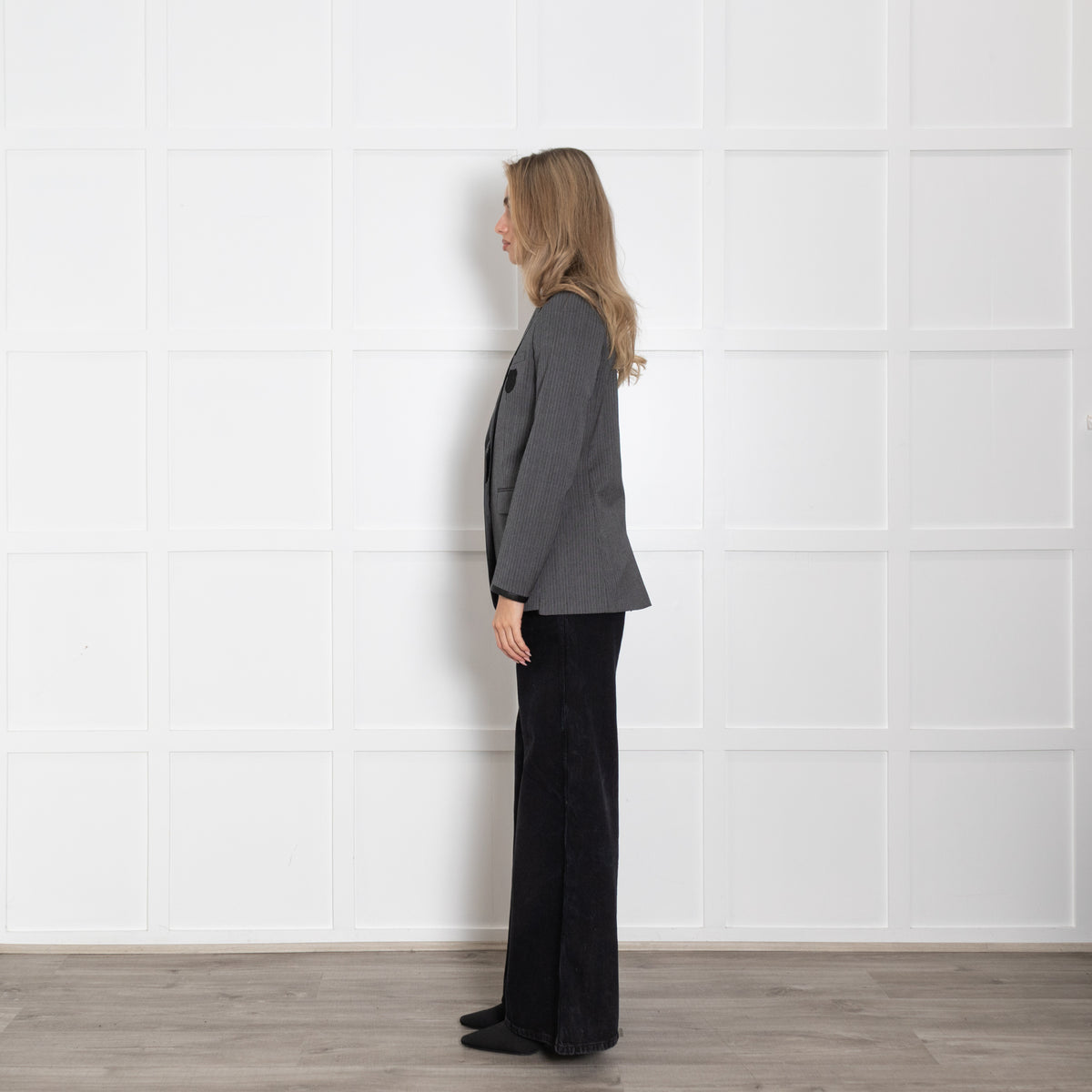 The Kooples Grey & Black Pinstripe Jacket With Leather Trim