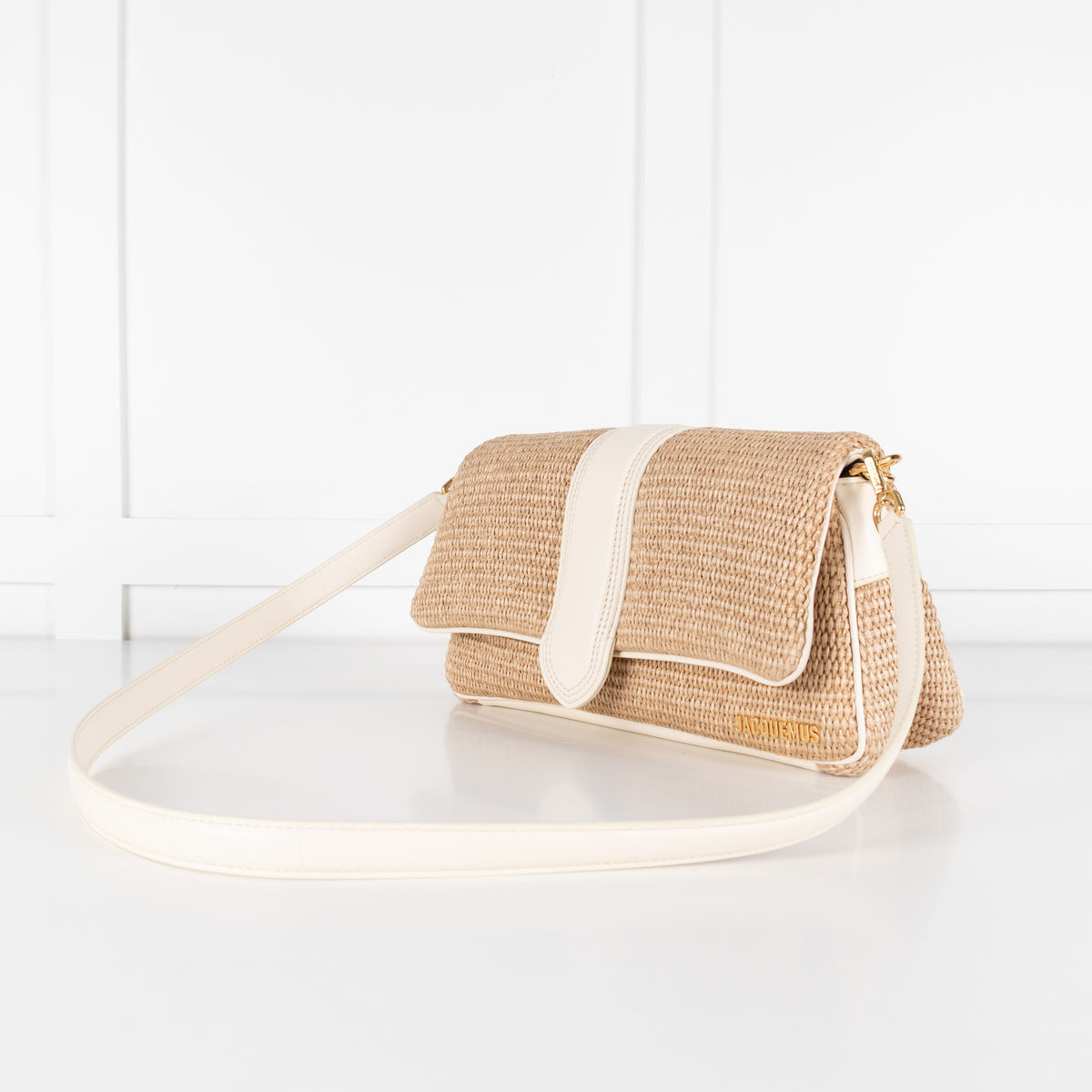 Jacquemus Le Bambimou Woven Raffia Shoulder Bag With White Leather Piping