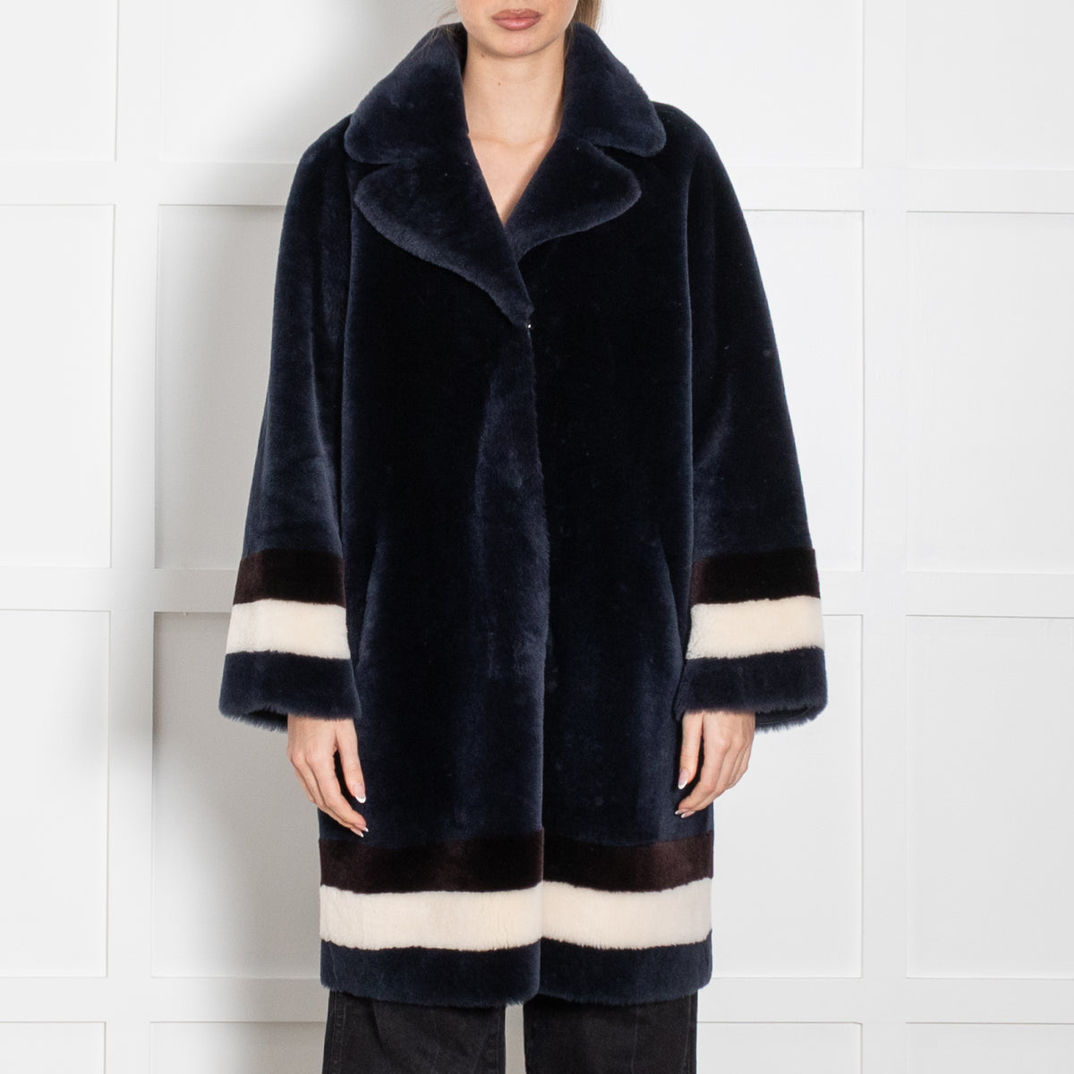 Wunder Fell Blue Shearling With White Stripe Cuff And Hem