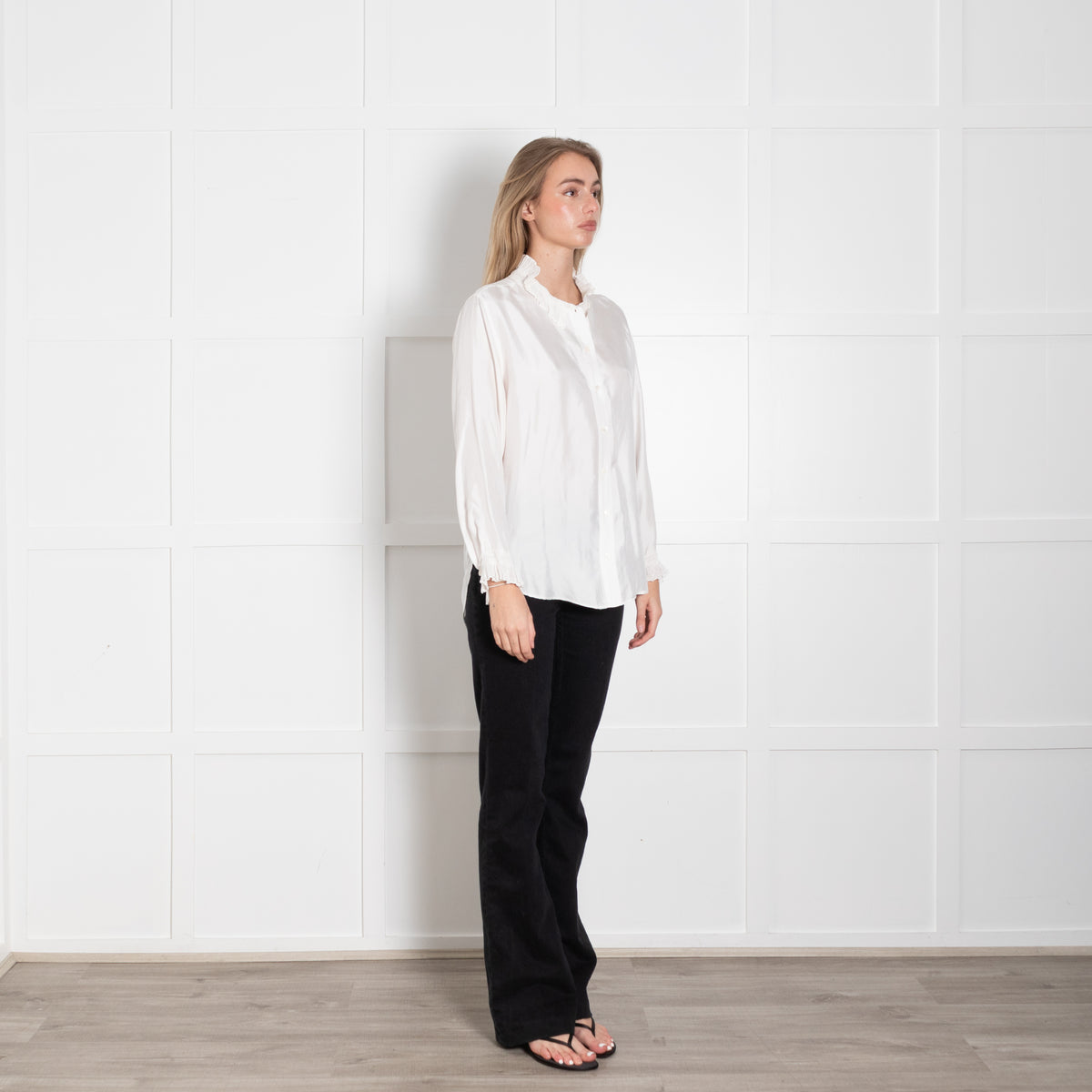 Sandro White High Frill Neck Top