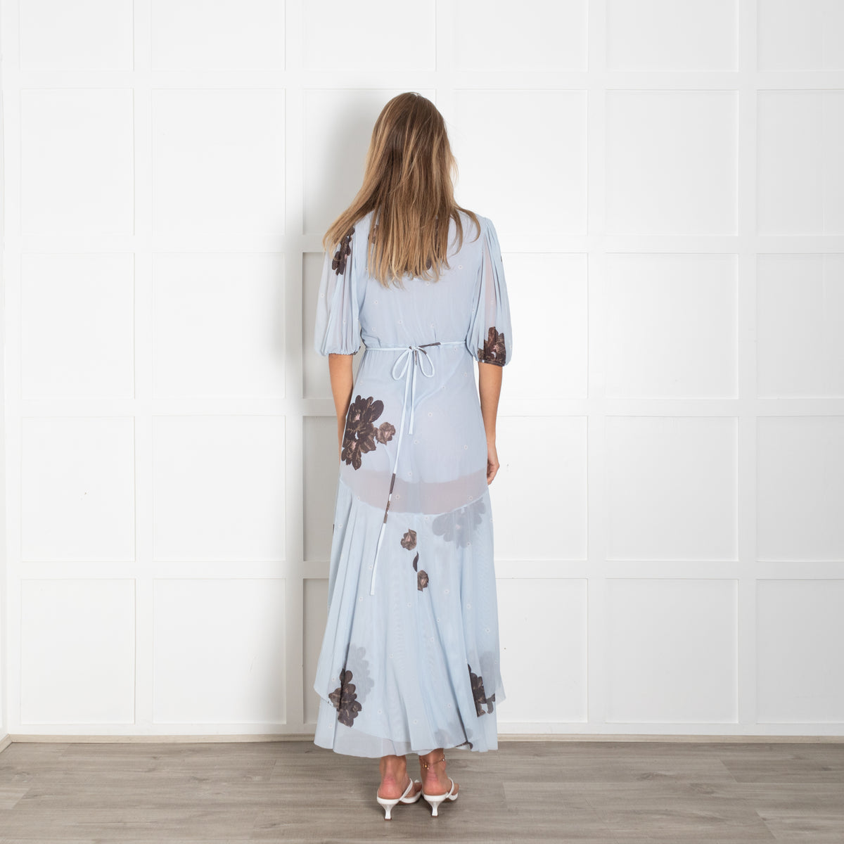 Ganni Pale Blue Brown Floral Wrap Dress