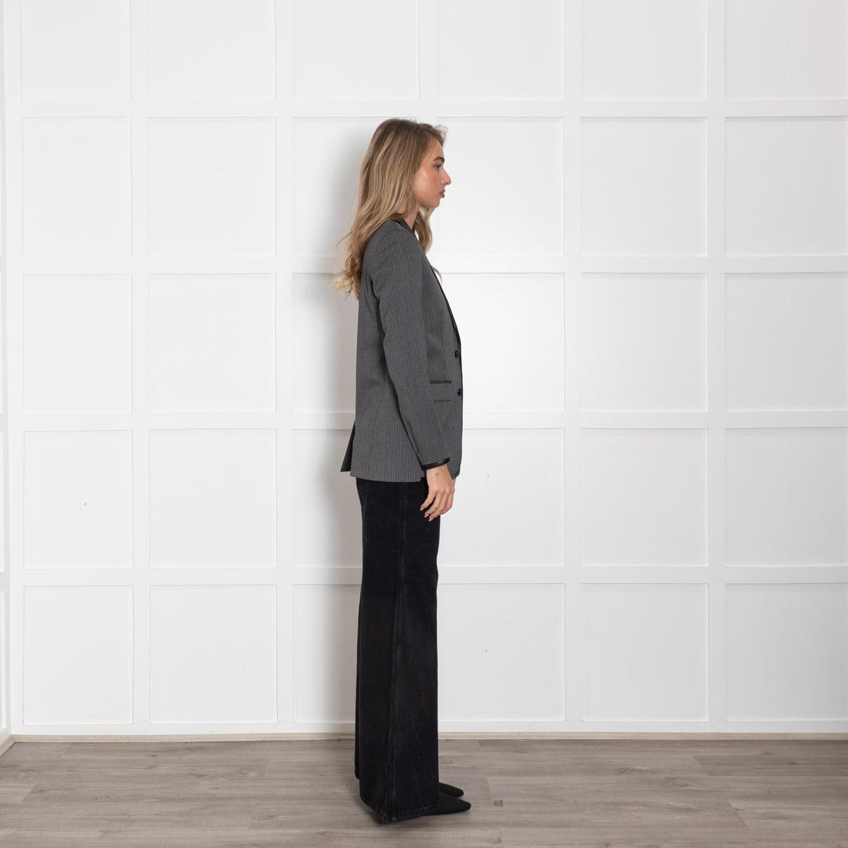 The Kooples Grey & Black Pinstripe Jacket With Leather Trim