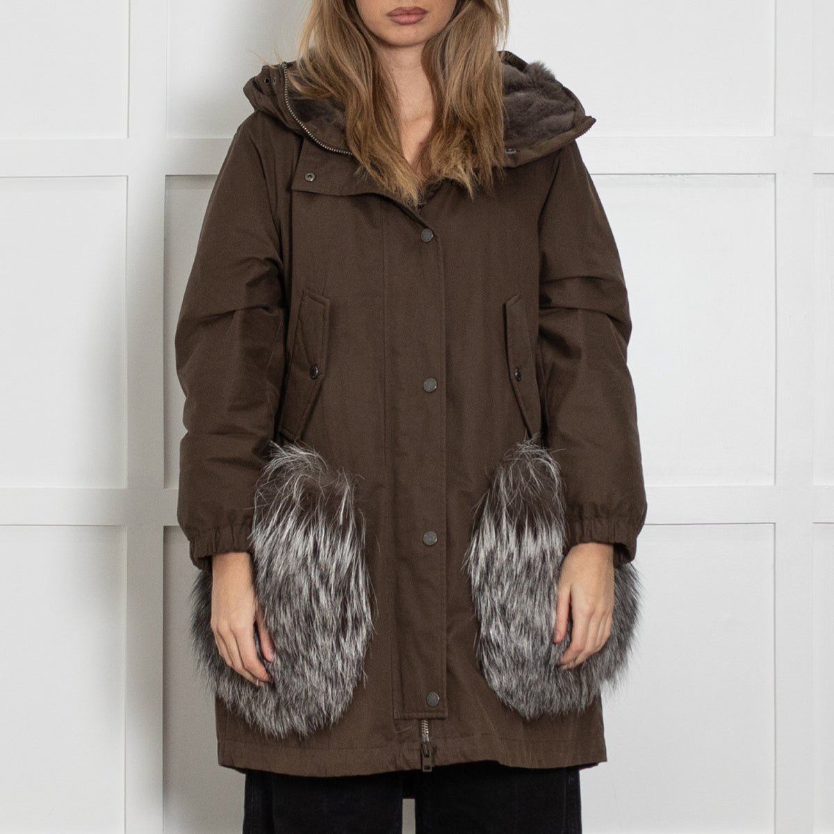 Weekend Max Mara Khaki Parka With Grey Fur Pockets