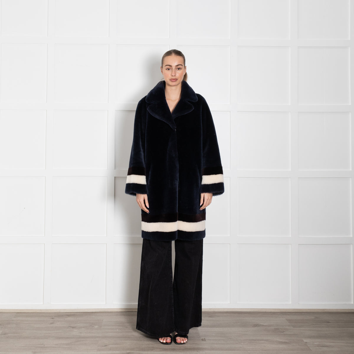 Wunder Fell Blue Shearling With White Stripe Cuff And Hem