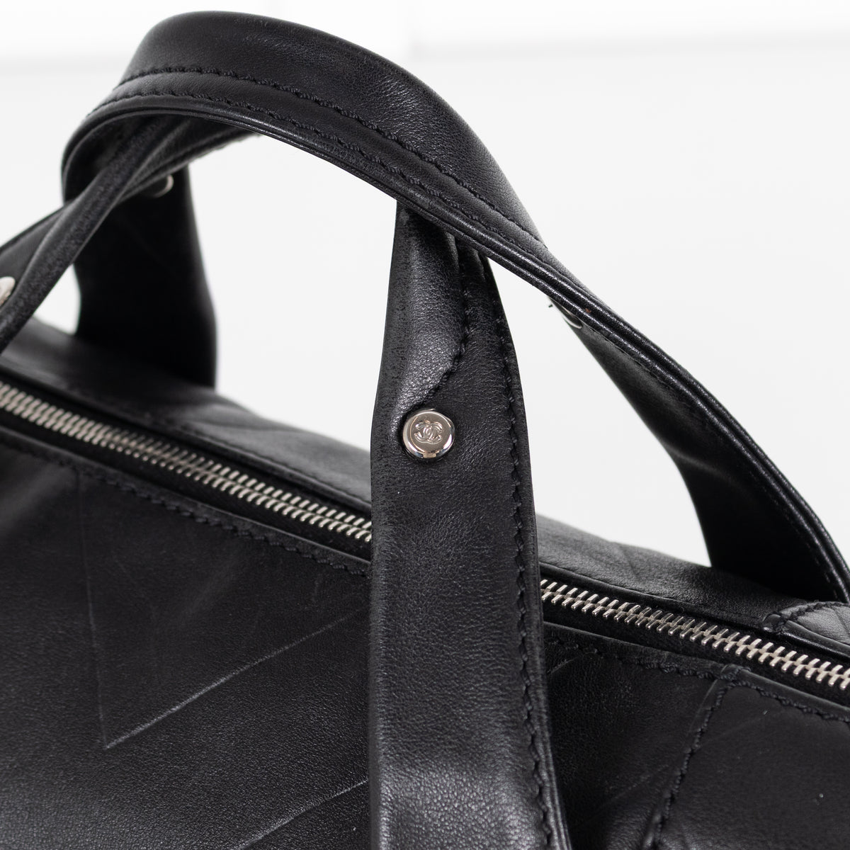 Chanel Black CC Chevron Quilted Lambskin Boston Bag