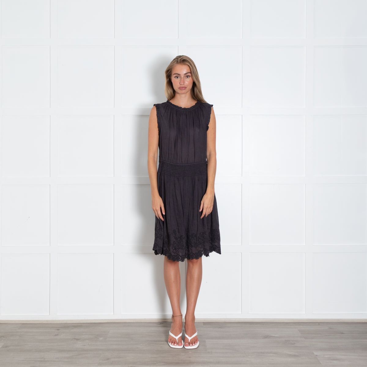 Velvet Graham & Spencer Black Sleeveless Dress Embroidered Hem