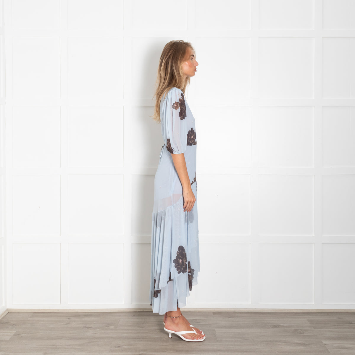 Ganni Pale Blue Brown Floral Wrap Dress
