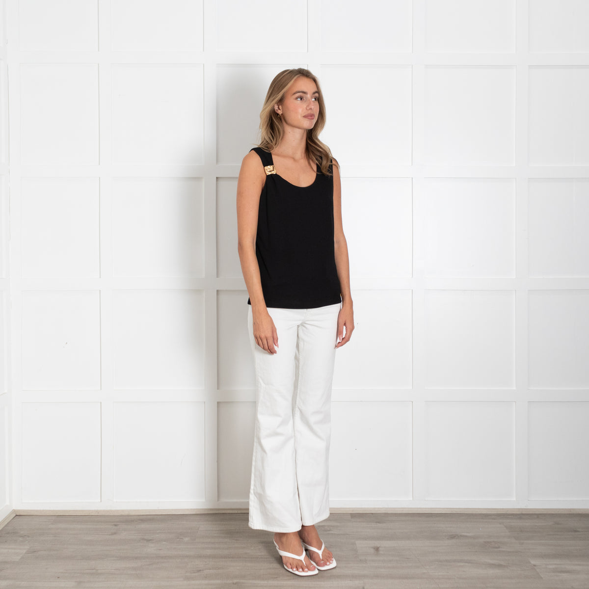 Donna Karan Black Sleeveless Top With Gold Buckle