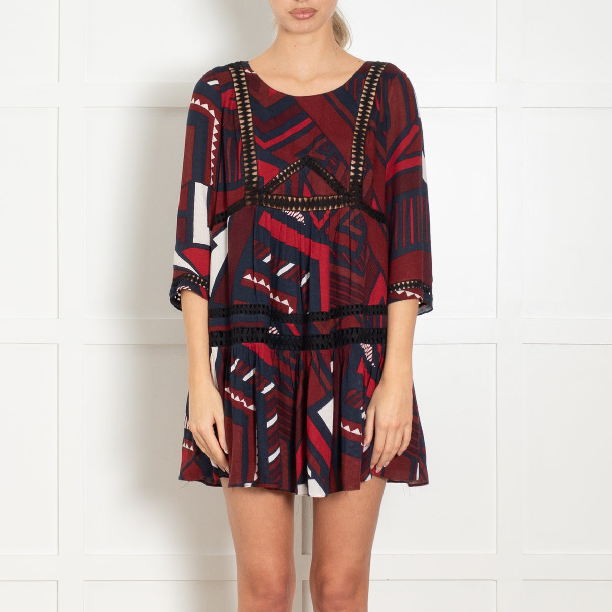 Bash Burgundy Navy White Print Lace Detail Tunic Dress