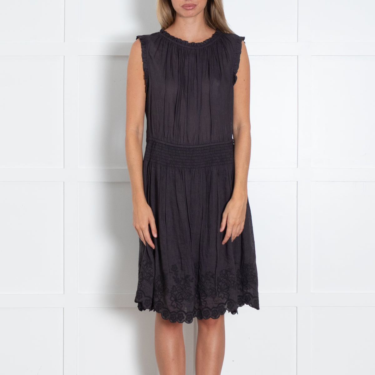 Velvet Graham & Spencer Black Sleeveless Dress Embroidered Hem