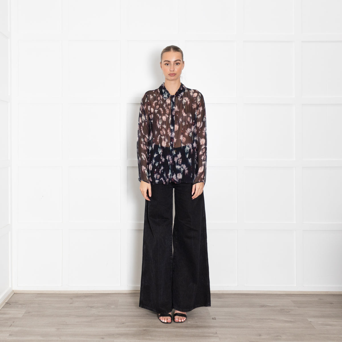 Lilly & Lionel Blue Chiffon Blouse With Pink Flowers