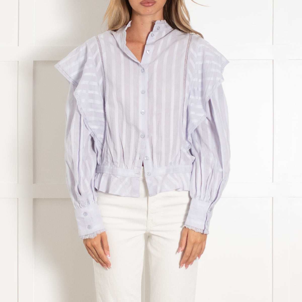 Isabel Marant Etoile Light Blue Frilled and Lace Button Back Shirt