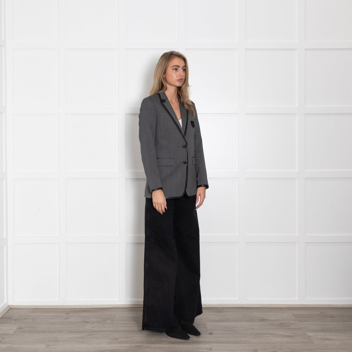 The Kooples Grey & Black Pinstripe Jacket With Leather Trim