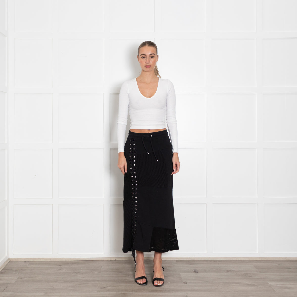 MCQ Black Knitted+String Detail Cotton Skirt
