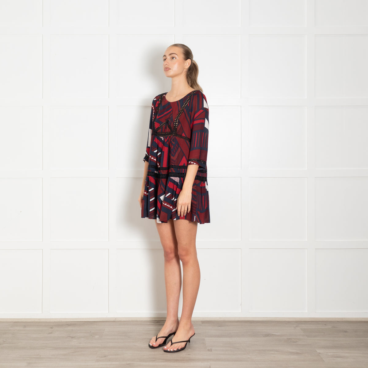 Bash Burgundy Navy White Print Lace Detail Tunic Dress