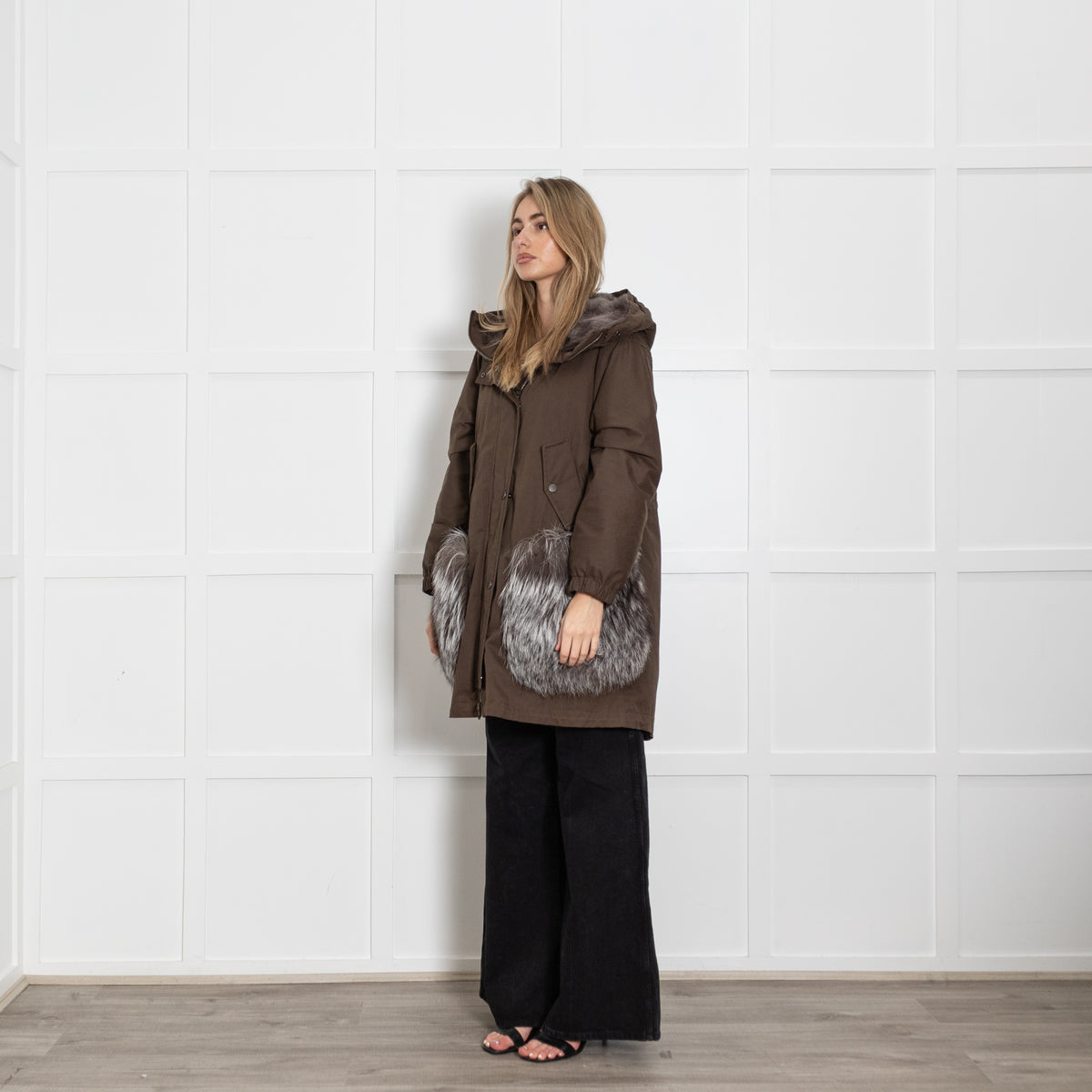 Weekend Max Mara Khaki Parka With Grey Fur Pockets
