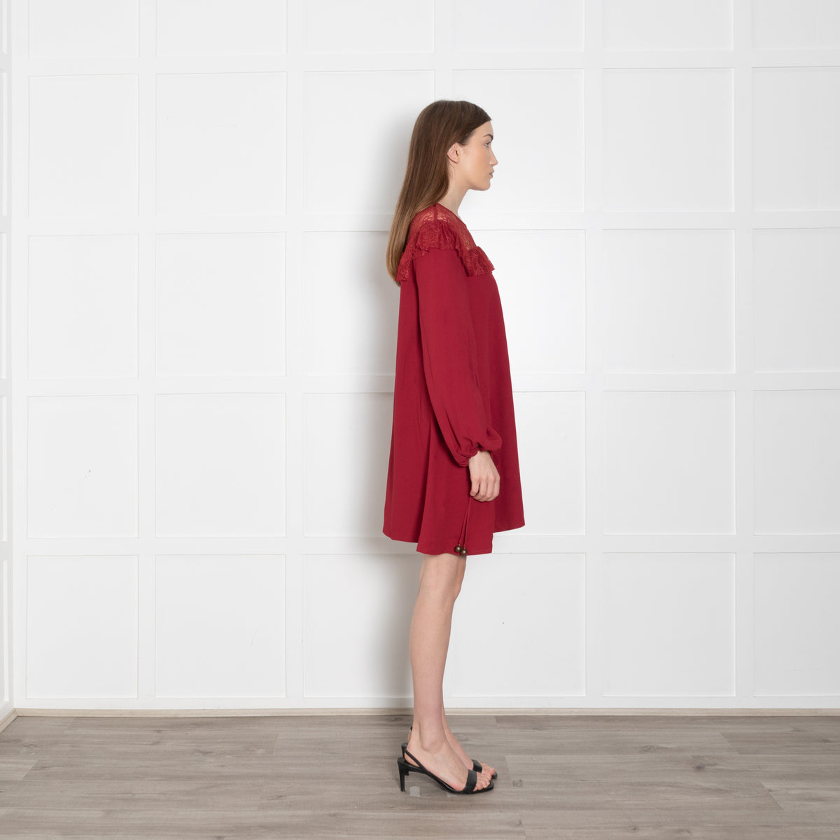 Philosophy Di Lorenzo Serafini Red Lace Trim Short Long Sleeve Dress