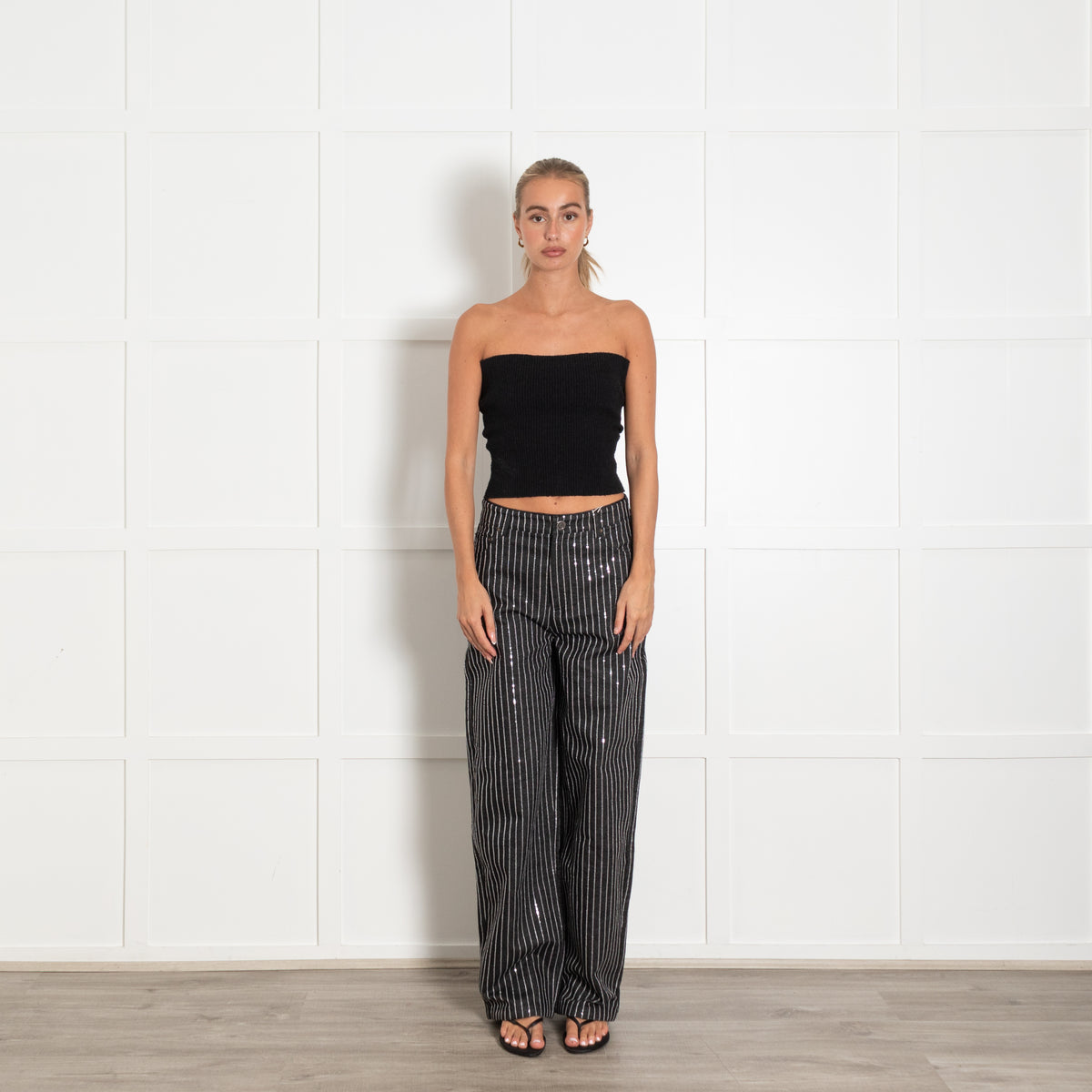 Rotate Black Sequin Twill Wide Trousers