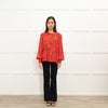 Pom Amsterdam Red Blouse With Black & Grey Pattern With Ruched  Neck & Cuffs