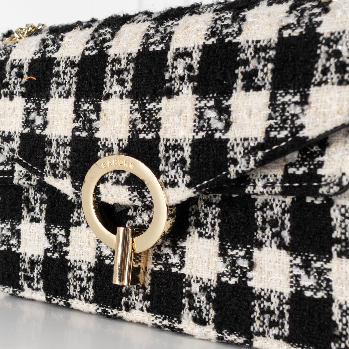 Sandro Yza Houdstooth Tweed Black And Cream Bag