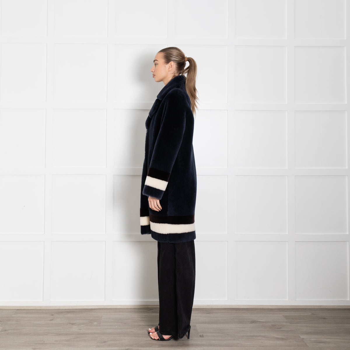 Wunder Fell Blue Shearling With White Stripe Cuff And Hem