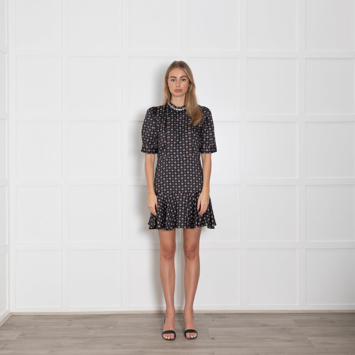 Sandro Black White Stars Print Silver Diamante Neck Detail Midi Dress