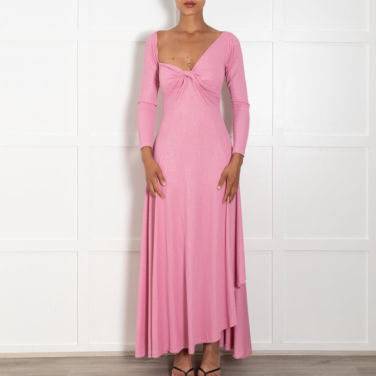 Gul Hurgel Pink Sparkly Maxi, Front Splits,  L/Sleeve Knot Front Dress