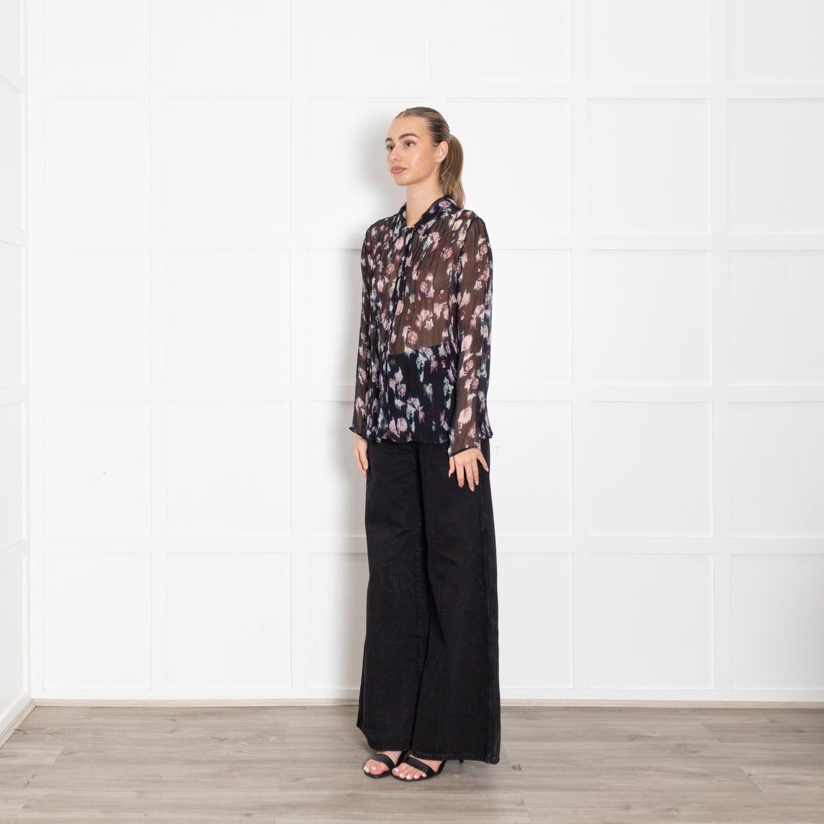 Lilly & Lionel Blue Chiffon Blouse With Pink Flowers