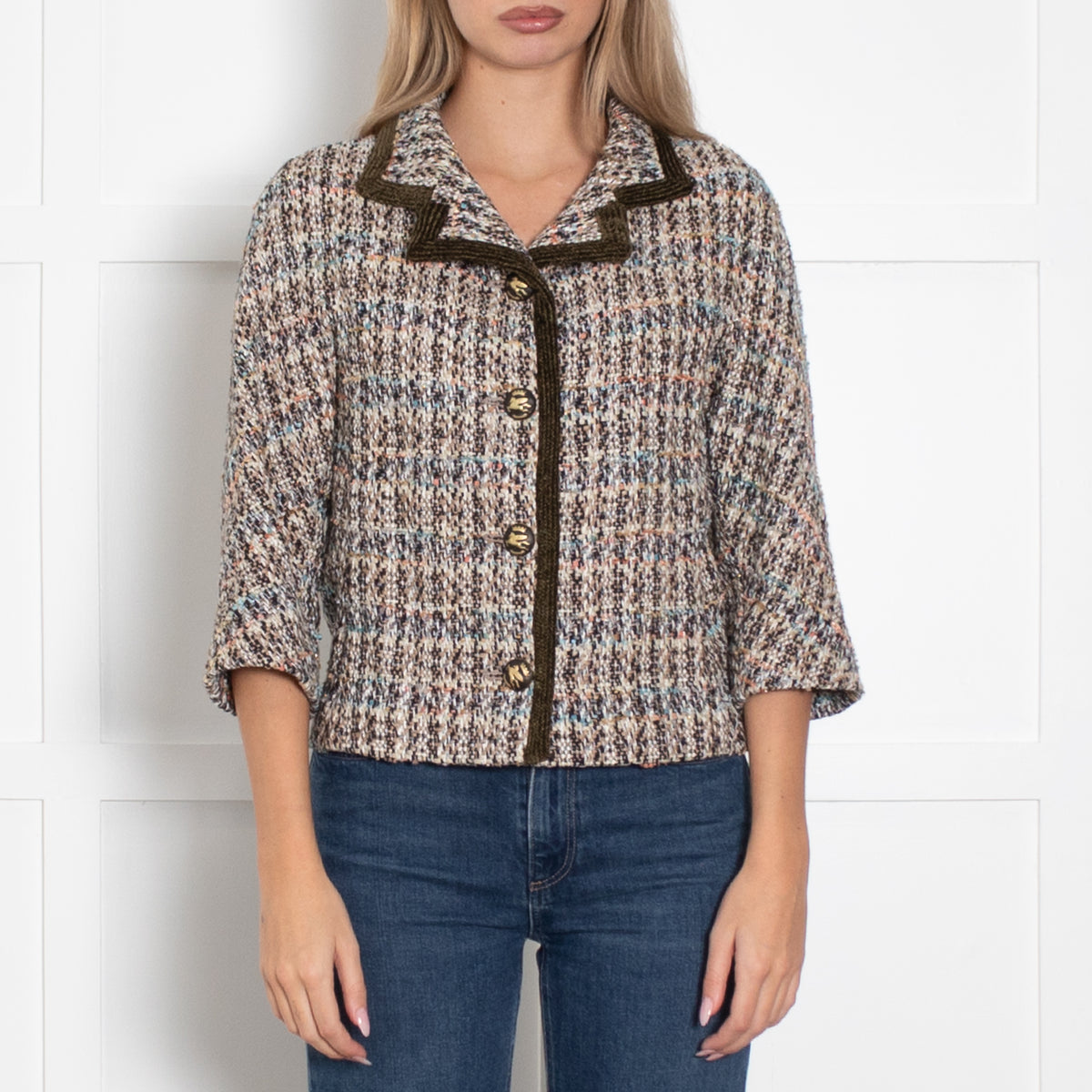 Etro Tweed Mix Jacket Green Velvet Trim