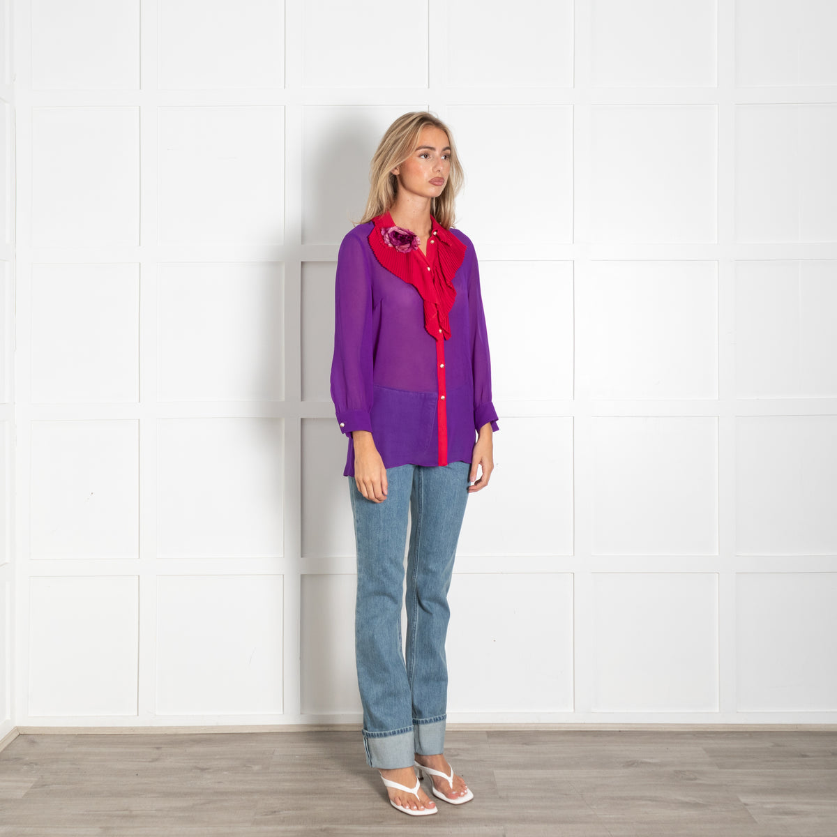 Gucci Purple Pink Ruffle Front Pearl Button Shirt Flower Brooch