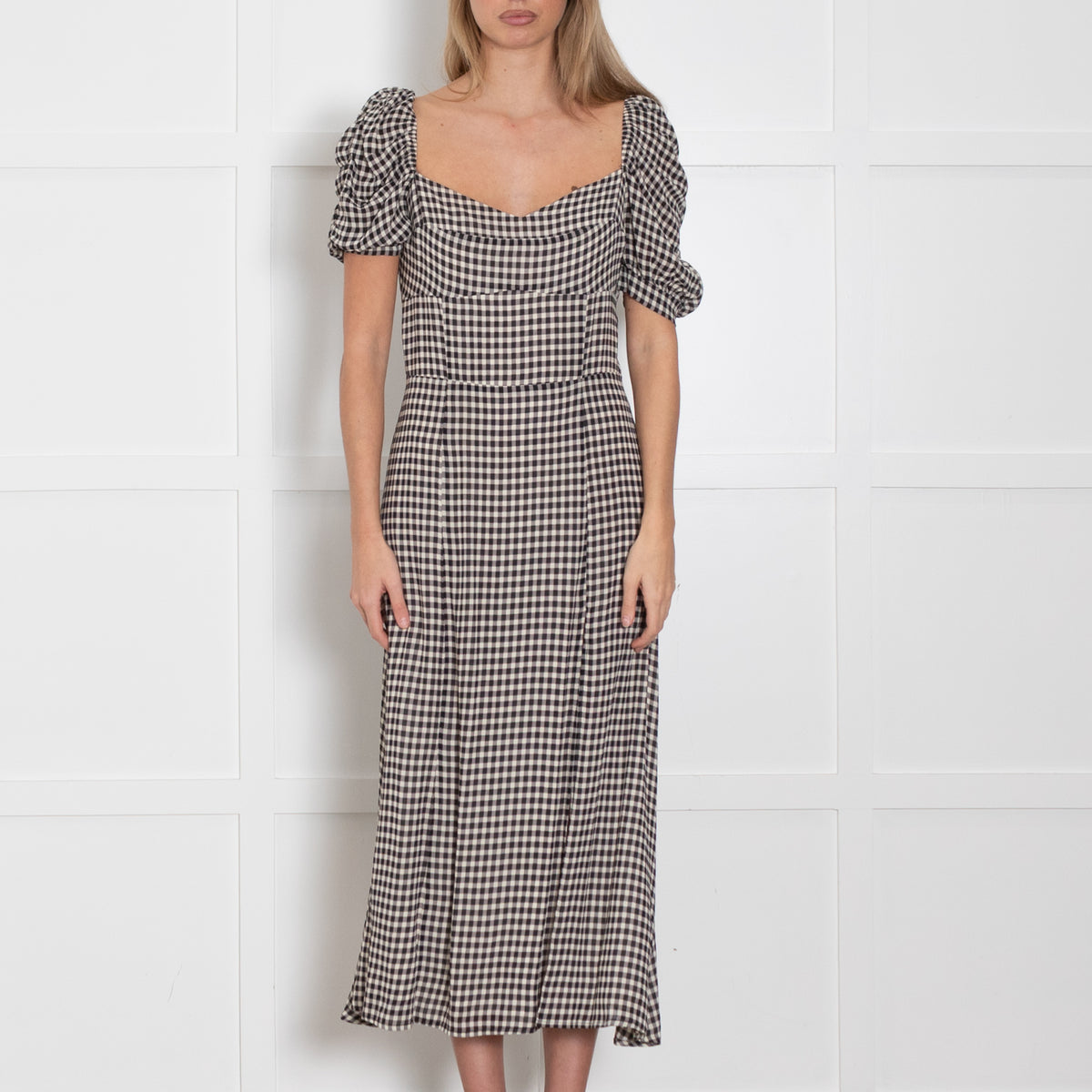 Reformation Black White Gingham Short Sleeve Long Dress