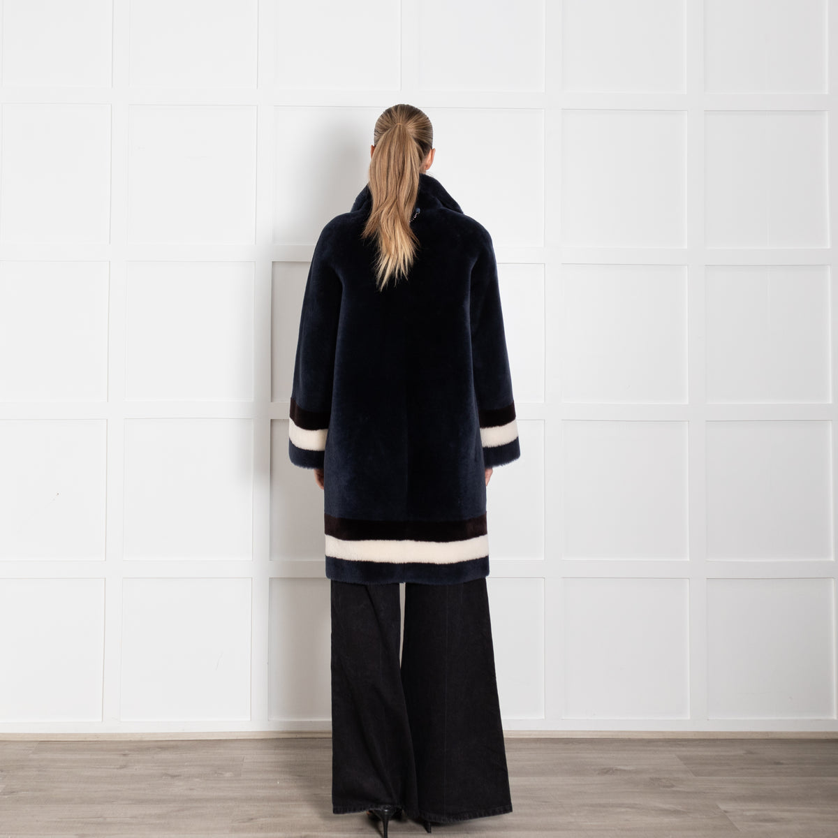 Wunder Fell Blue Shearling With White Stripe Cuff And Hem