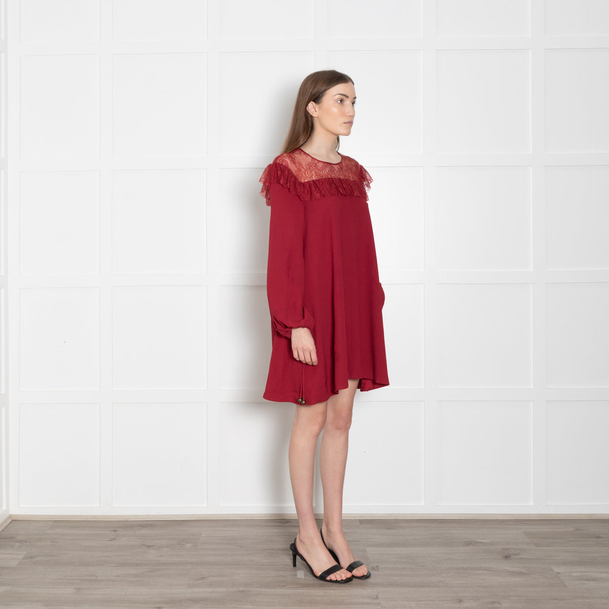 Philosophy Di Lorenzo Serafini Red Lace Trim Short Long Sleeve Dress