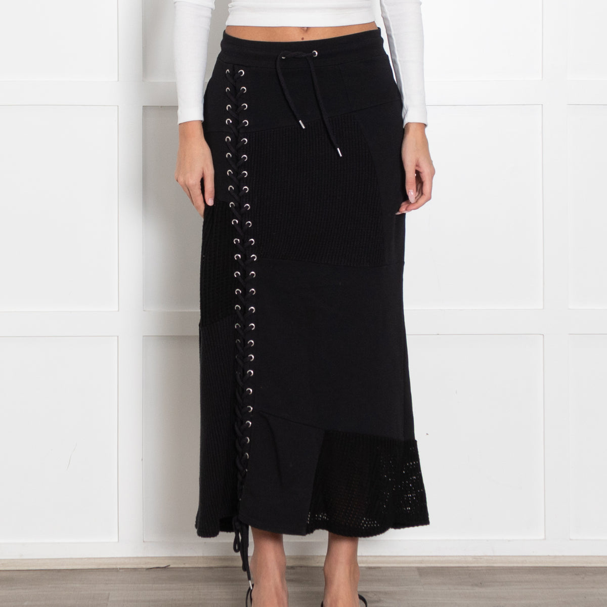 MCQ Black Knitted+String Detail Cotton Skirt