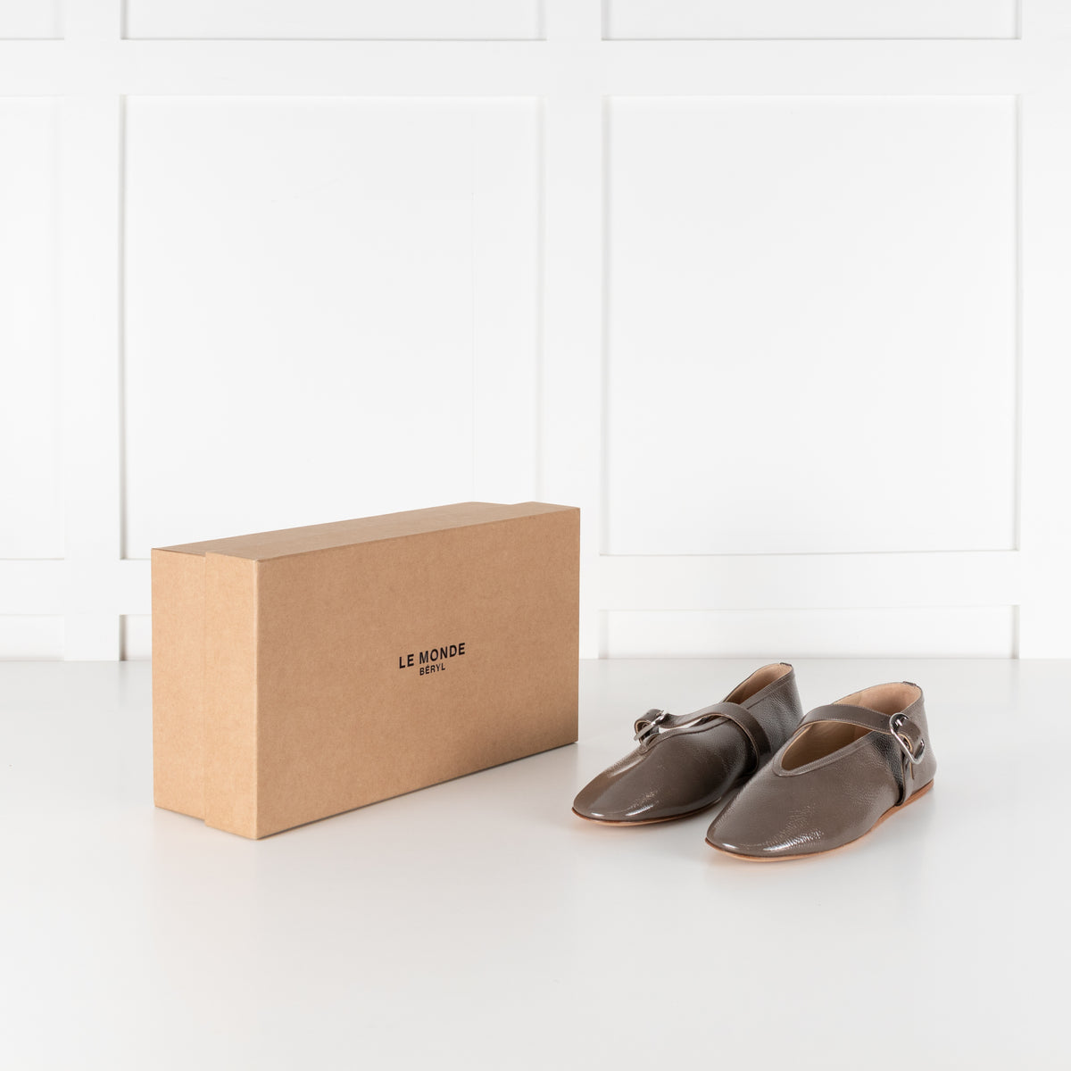 Le Monde Beryl Taupe Patent Leather Stella Slipper With Buckle Strap