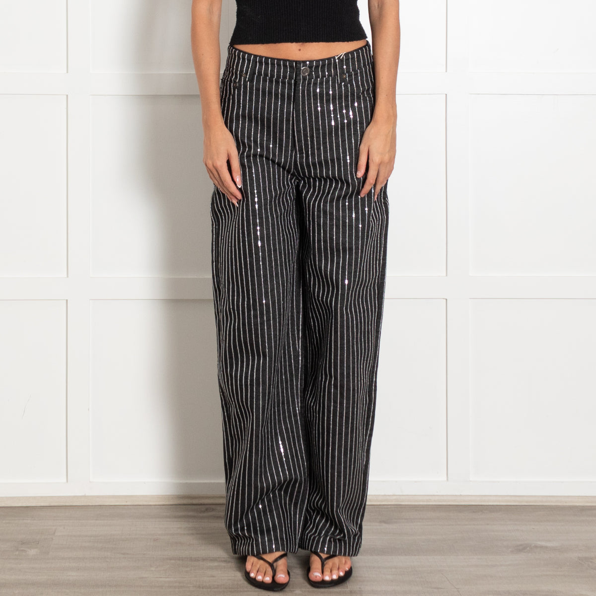 Rotate Black Sequin Twill Wide Trousers