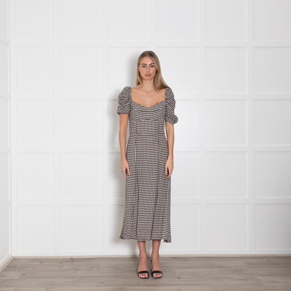 Reformation Black White Gingham Short Sleeve Long Dress