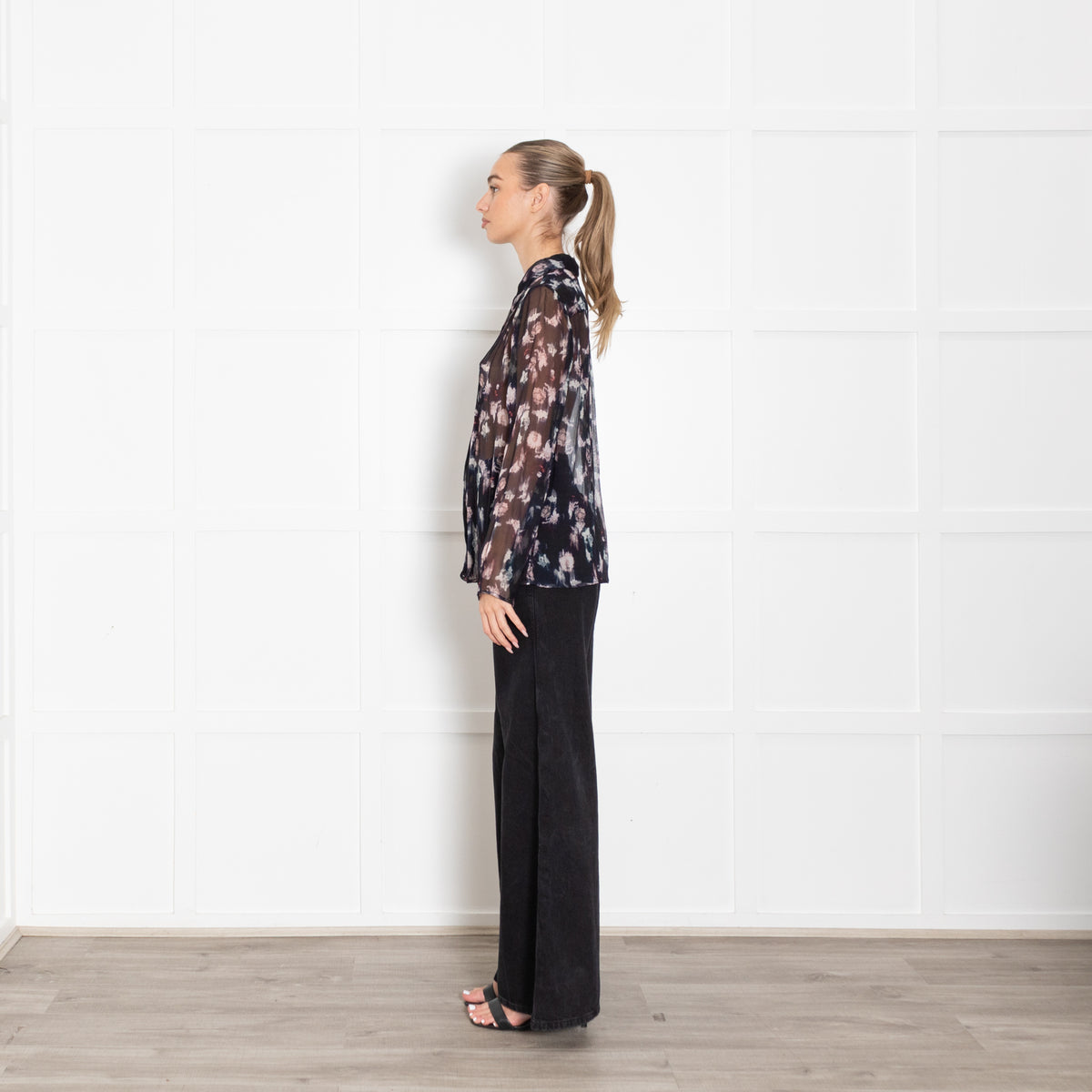 Lilly & Lionel Blue Chiffon Blouse With Pink Flowers