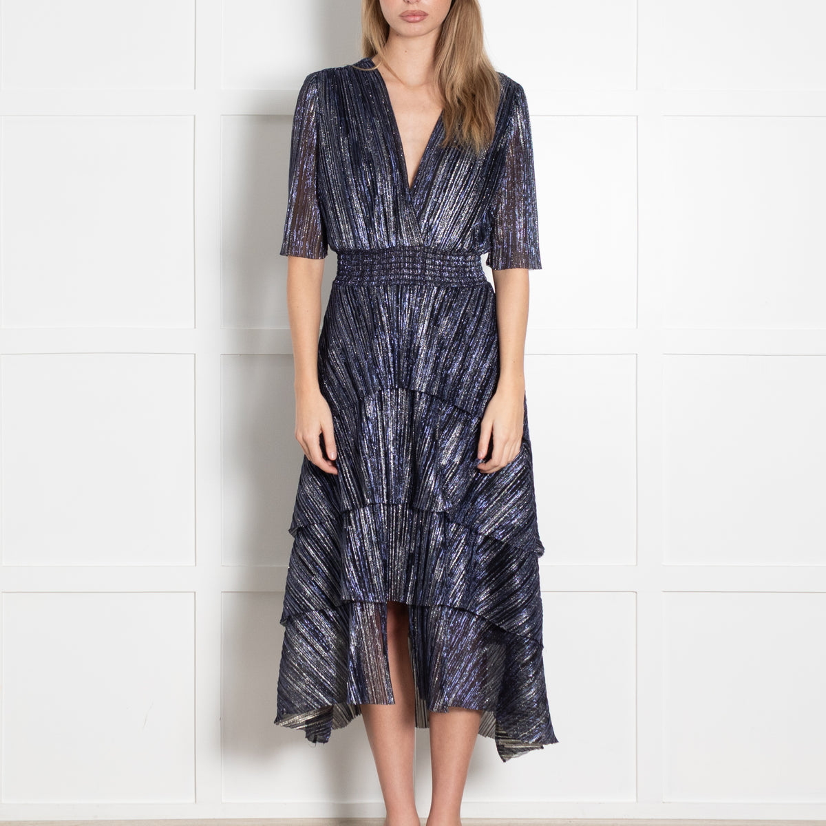 Maje Blue Metallic Stripe Ruffled Midi Dress