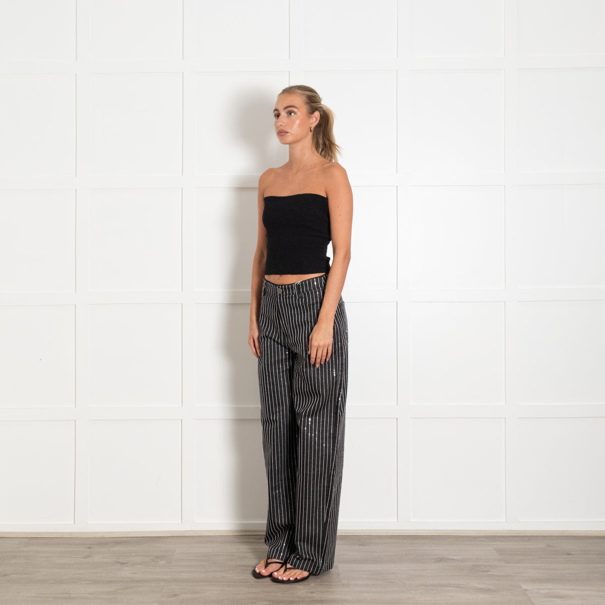 Rotate Black Sequin Twill Wide Trousers