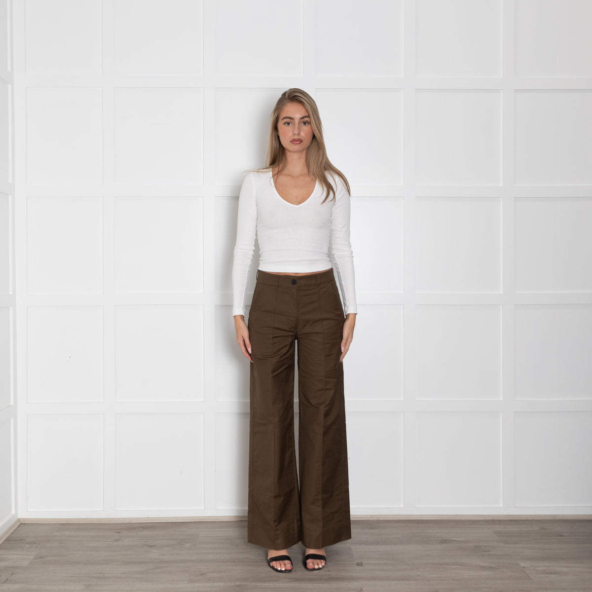 Me + Em Khaki  Creased Front Wide Leg Trousers